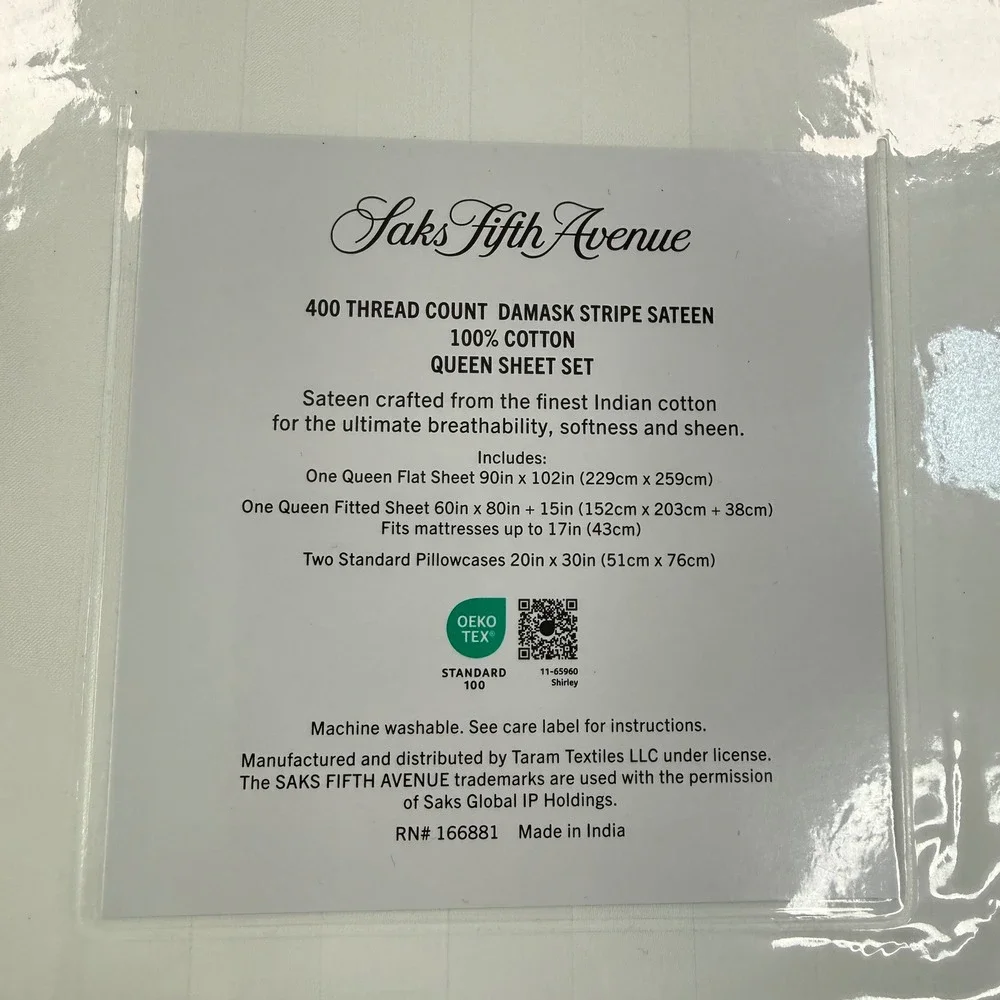Saks Fifth Avenue Queen 4 PC Sheet Set White Damask Stripe Sateen 400TC NEW